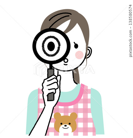 An illustration of a nursery school teacher wearing an apron, being closely observed with a magnifying glass. An illustration of a nursery school teacher wearing an apron, being closely observed with a magnifying glass. 138580574