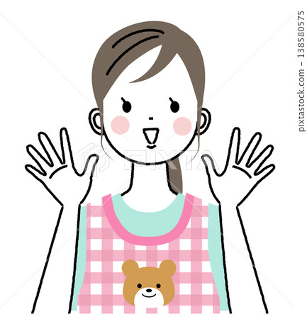 An illustration of a nursery school teacher wearing an apron, raising both arms in a "banzai" pose. An illustration of a nursery school teacher wearing an apron, raising both arms in a "banzai" pose. 138580575