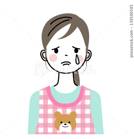 An illustration of a nursery school teacher wearing an apron, crying sadly. An illustration of a nursery school teacher wearing an apron, crying sadly. 138580585