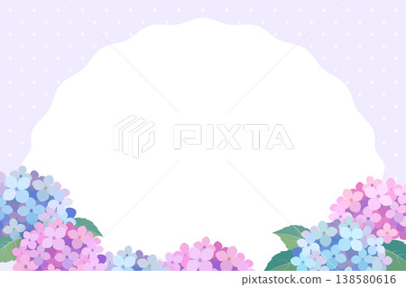 Watercolor-style hydrangea illustration with a polka dot frame background. Message card. 138580616