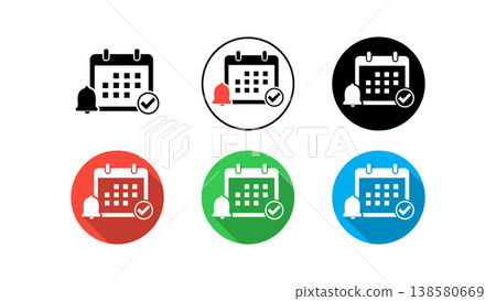 Calendar Reminder Icon Set With Notification Bell, Check Mark and Colored Flat Buttons for Scheduling Calendar Reminder Icon Set With Notification Bell, Check Mark and Colored Flat Buttons for Scheduling 138580669