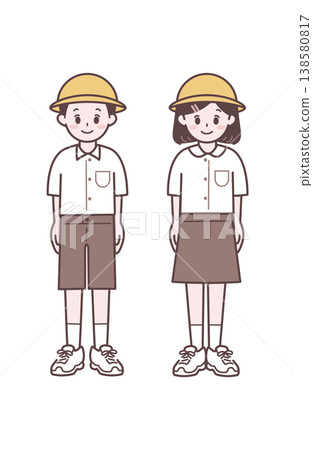 小學高年級學生,制服,帽子,簡單的兒童插畫,站立姿勢。 小學高年級學生,制服,帽子,簡單的兒童插畫,站立姿勢。 138580817