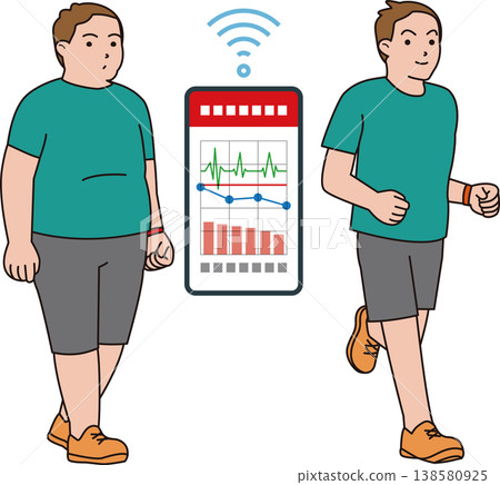An illustration of an overweight man losing weight through jogging and managing his health using his smartphone. 138580925
