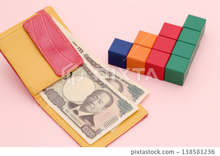 A wallet and a staircase made of building blocks 138581236
