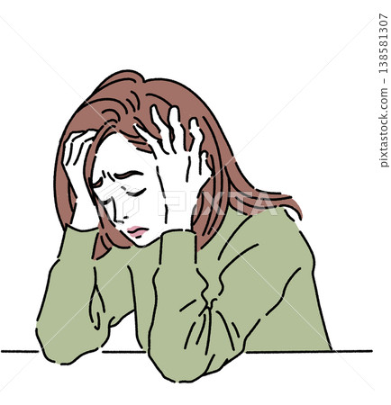 A color illustration of a woman holding her head in her hands in distress. 138581307