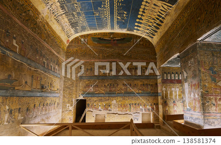 The magnificent main chamber of the tomb of Seti I—an interior enveloped in a starry sky ceiling and murals. The magnificent main chamber of the tomb of Seti I—an interior enveloped in a starry sky ceiling and murals. 138581374