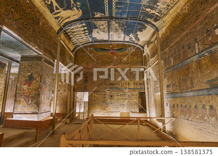 The structural beauty inside KV17—the murals of Seti I's tomb viewed through the restoration pillars. The structural beauty inside KV17—the murals of Seti I's tomb viewed through the restoration pillars. 138581375
