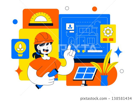 Eco Architecture Blueprint Vector Illustration With Sustainable Building Plan, Engineering Tools, Green, and Modern Construction Drafting Scene Eco Architecture Blueprint Vector Illustration With Sustainable Building Plan, Engineering Tools, Green, and Modern Construction Drafting Scene 138581434
