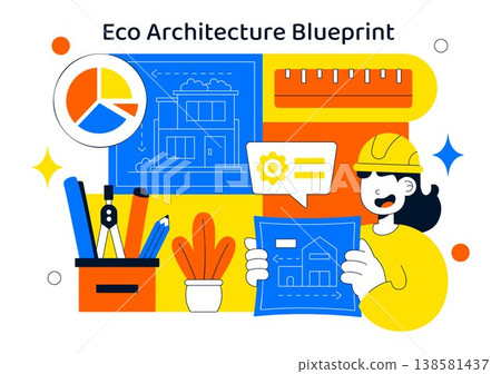 Eco Architecture Blueprint Vector Illustration With Sustainable Building Plan, Engineering Tools, Green, and Modern Construction Drafting Scene Eco Architecture Blueprint Vector Illustration With Sustainable Building Plan, Engineering Tools, Green, and Modern Construction Drafting Scene 138581437