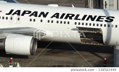 JAL aircraft logo and cargo loading process scene JAL aircraft logo and cargo loading process scene 138581449