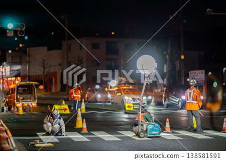 Nighttime construction work, late-night work, road construction, tactile paving for the visually impaired. Nighttime construction work, late-night work, road construction, tactile paving for the visually impaired. 138581591