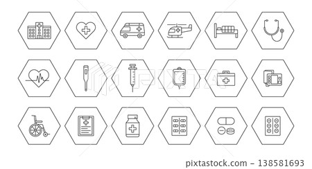 A set of medical icons enclosed in a hexagonal frame. A set of medical icons enclosed in a hexagonal frame. 138581693