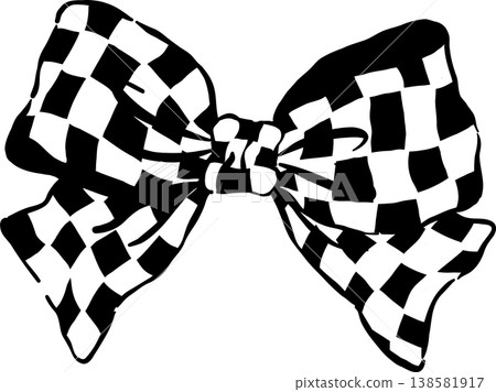 Black Checkered Bow Outline Whimsical Hand Drawn Retro Vintage Gingham Ribbon 138581917