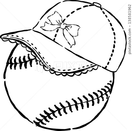 Coquette Baseball Outline with Ruffle Cap Whimsical Hand Drawn 138581962