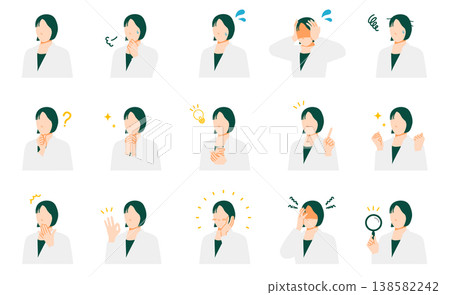 A set of facial expressions for businesswomen (a collection of reaction illustrations such as worrying, having an idea, and saying OK). 138582242