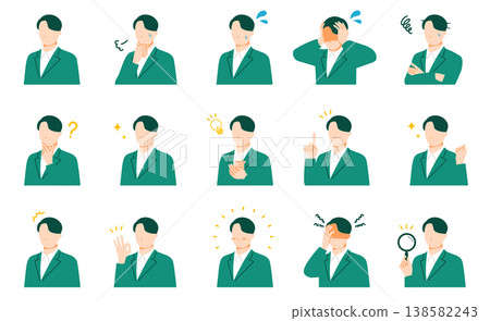 A set of facial expressions for business figures (male) (a collection of reaction illustrations such as worrying, having an idea, and saying OK). 138582243