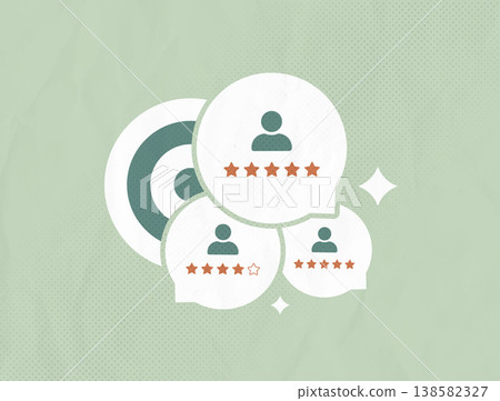Target audience analysis - customer insights through star ratings, feedback pattern metrics with satisfaction levels, user behavior understanding, precise marketing strategy, ai trends illustration Target audience analysis - customer insights through star ratings, feedback pattern metrics with satisfaction levels, user behavior understanding, precise marketing strategy, ai trends illustration 138582327