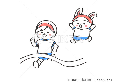 Cute illustration of a foot race at a school sports day | A boy and a rabbit running 138582363