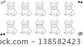 一組描繪不同表情的坐著的法國鬥牛犬的線條藝術插圖。 138582423