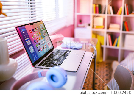 Laptop and headphones on the desk: Happy Pop Laptop and headphones on the desk: Happy Pop 138582498