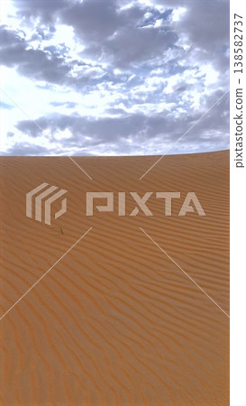 Desert Calm Scene. Tranquil Landscape Of Golden Dunes Under Overcast Sky With Shadows. Gentle Ripples In Desert Sands Under Cloudy Sky Evoke Calm And Solitary Beauty 138582737