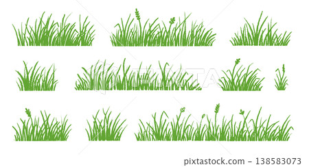 Grass doodle vector line set. Hand drawn grass sketch with meadow field lawn blade flower bush crayon chalk texture. Cute cartoon garden pattern scribble nature background. Vector 138583073