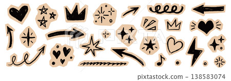 Scrapbook collage element sticker set. Hand drawn paper cut collage with crayon doodle line sketch texture background. Cute retro journal notebook scrap heart star circle arrow lightning crown. Vector Scrapbook collage element sticker set. Hand drawn paper cut collage with crayon doodle line sketch texture background. Cute retro journal notebook scrap heart star circle arrow lightning crown. Vector 138583074