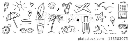 Summer beach icon element set. Hand drawn doodle sketch with sun, sea, travel vacation holiday trip. Cute beach icon elements with sunglasses umbrella palm camera suitcase. Vector Summer beach icon element set. Hand drawn doodle sketch with sun, sea, travel vacation holiday trip. Cute beach icon elements with sunglasses umbrella palm camera suitcase. Vector 138583075
