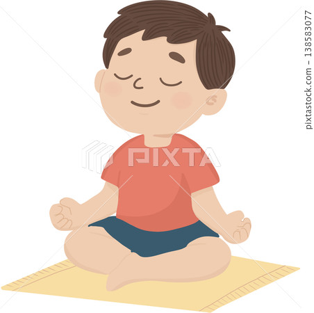 Cute cartoon boy sitting cross legged on a mat practicing meditation with eyes closed and a peaceful expression. Cute cartoon boy sitting cross legged on a mat practicing meditation with eyes closed and a peaceful expression. 138583077