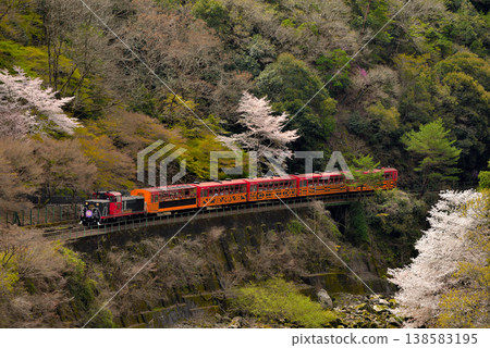 The Sagano No. 4 trolley train travels along the Hozugawa River. The Sagano No. 4 trolley train travels along the Hozugawa River. 138583195