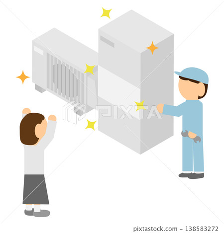 一幅插圖描繪了一個人在等距熱水器安裝完成後感到高興的情景。 138583272