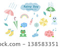 Cute rainy day illustration set for the rainy season | Umbrella, rain boots, frog, rainbow, pastel color materials 138583351