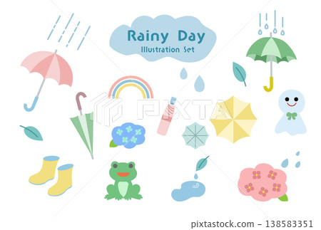 Cute rainy day illustration set for the rainy season | Umbrella, rain boots, frog, rainbow, pastel color materials 138583351