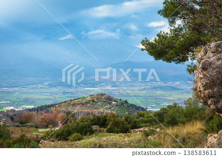 Scenic view of of ancient Greek city Tlos in Lycia located on Lycian way. Famous historical site In Antalya region. Popular place for family travel on summer vacation. Fethiye, Turkey 138583611