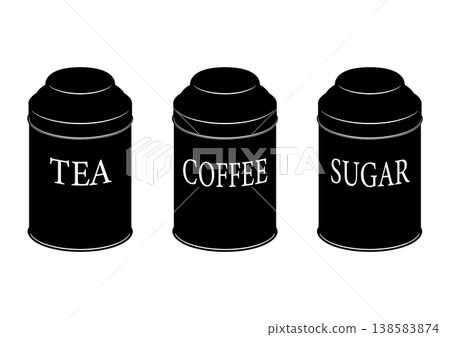 Kitchen tin containers for tea, coffee, and sugar. Kitchen tin containers for tea, coffee, and sugar. 138583874