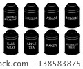 Kitchen tin containers for various types of tea, with labels. 138583875