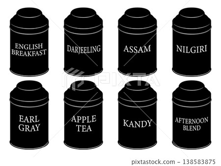Kitchen tin containers for various types of tea, with labels. Kitchen tin containers for various types of tea, with labels. 138583875