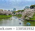 Cherry blossoms in full bloom and people on a boat 138583932