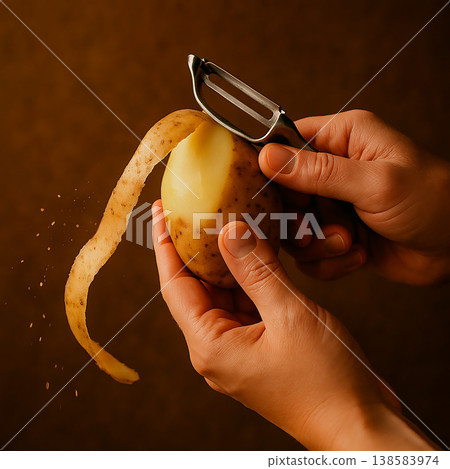 The hands peeling potatoes with a peeler The hands peeling potatoes with a peeler 138583974