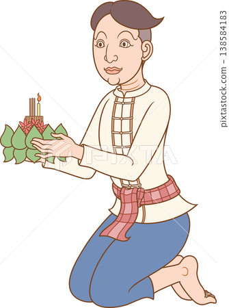 Vector illustration of a man holding ritual vessel in Loy Krathong festival of Thailand in traditional Thai art style. Vector illustration of a man holding ritual vessel in Loy Krathong festival of Thailand in traditional Thai art style. 138584183