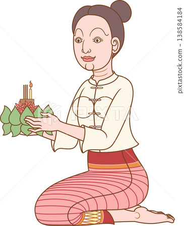 Illustration of a woman holding ritual vessel in Loy Krathong festival of Thailand in traditional Thai art style. Illustration of a woman holding ritual vessel in Loy Krathong festival of Thailand in traditional Thai art style. 138584184