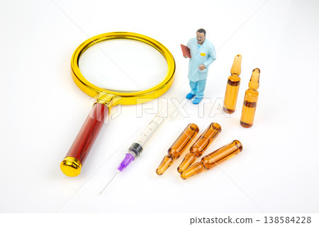 Miniature people explore a lab scene with vials and a magnifying glass during a scientific  138584228
