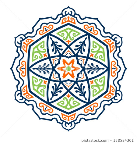 Mandala Ornament with Blue, Green, and Orange Geometric Folk Patterns Mandala Ornament with Blue, Green, and Orange Geometric Folk Patterns 138584301