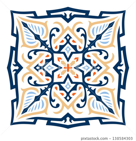 Symmetrical Mediterranean Ceramic Tile Pattern with Blue and Orange Floral Ornaments 138584303