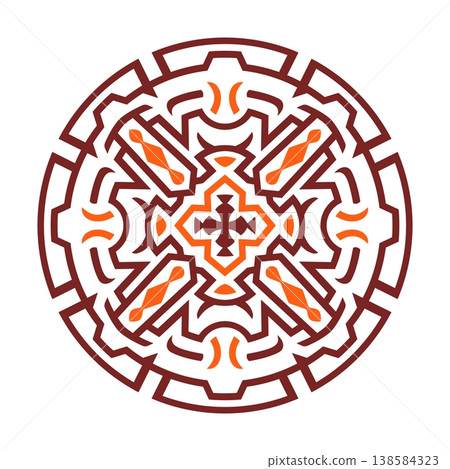 Geometric Circular Tribal Ornament with Brown and Orange Aztec Style Patterns 138584323