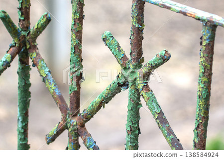Rusty green gate with peeling paint showing signs of age and weather in a park setting during Rusty green gate with peeling paint showing signs of age and weather in a park setting during 138584924