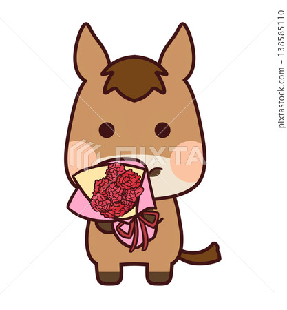 A brown horse holding a bouquet of carnations A brown horse holding a bouquet of carnations 138585110
