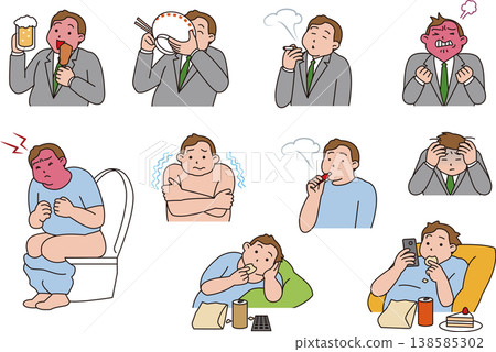 導致高血壓等生活型態相關疾病的原因。 （生活方式習慣圖示。） 138585302