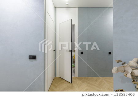 Modern Minimalist Hallway with White Doors and Oak Parquet Modern Minimalist Hallway with White Doors and Oak Parquet 138585406