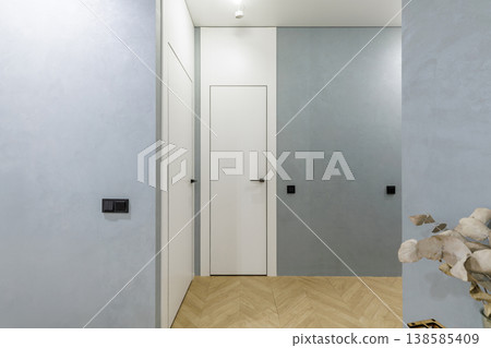 Minimalist Hallway with Two Flush Doors and Parquet Floor Minimalist Hallway with Two Flush Doors and Parquet Floor 138585409